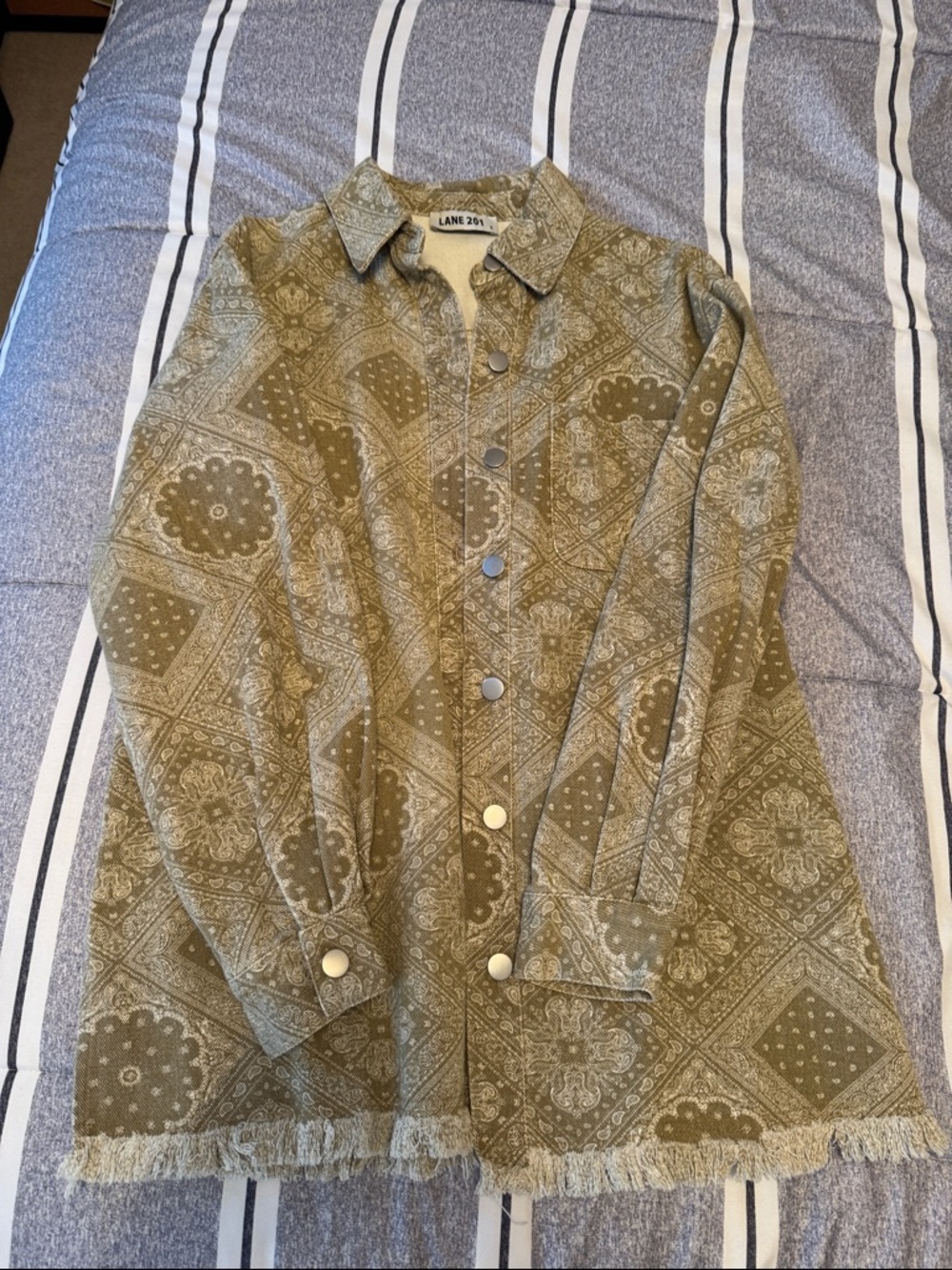 Lane 201 Olive and cream Bandana-Print Button-Front Jean Jacket